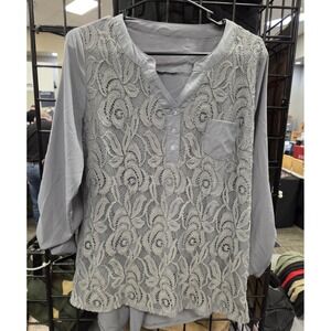 Lace Crochet Front  Tunic Top with Button-Back Detail & Roll-Tab Sleeves Sz  LRG